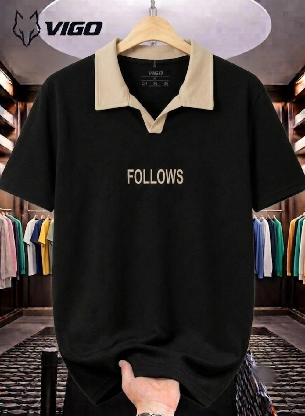 Men's VIGO Premium Oversized V-Neck Collar T-Shirt with "FOLLOWS" Print – Available in Multiple Colors