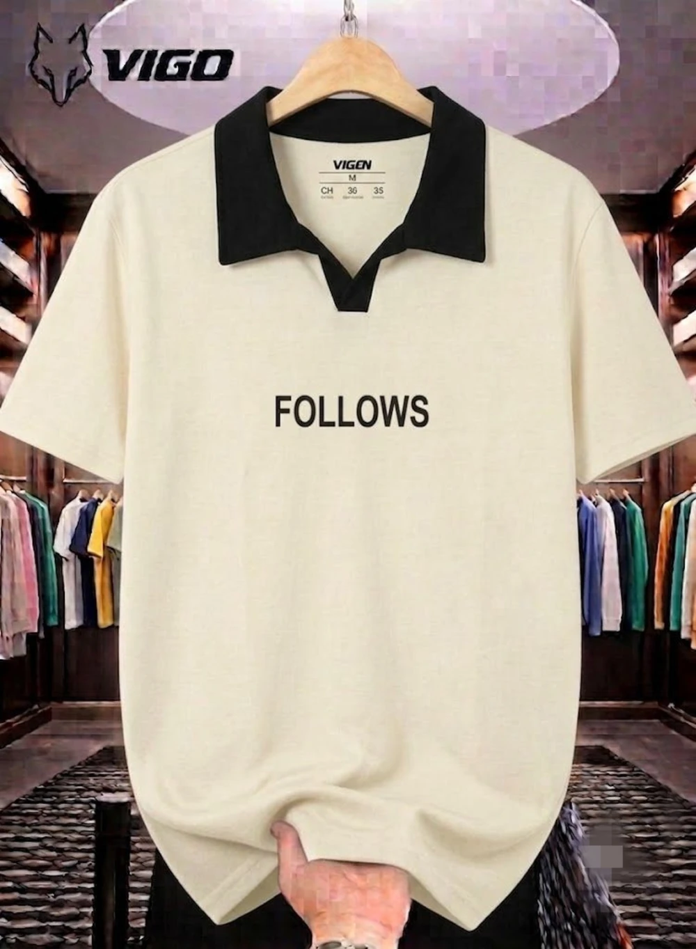 Men's VIGO Premium Oversized V-Neck Collar T-Shirt with "FOLLOWS" Print – Available in Multiple Colors